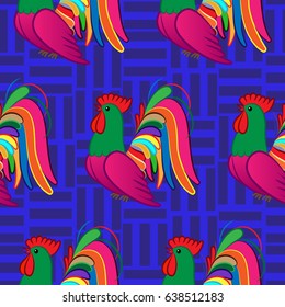 Beautiful colorful rooster. Endless pattern. Background Fantastic Beasts.