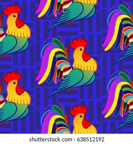 Beautiful colorful rooster. Endless pattern. Background Fantastic Beasts.