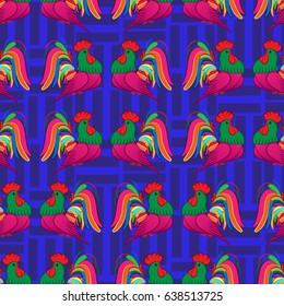 Beautiful colorful rooster. Endless pattern. Background Fantastic Beasts.