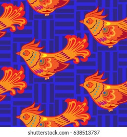 Beautiful colorful rooster. Endless pattern. Background Fantastic Beasts.