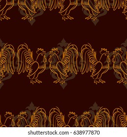 Beautiful colorful rooster. Endless pattern. Background Fantastic Beasts.