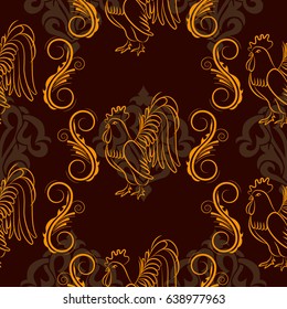 Beautiful colorful rooster. Endless pattern. Background Fantastic Beasts.
