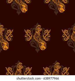 Beautiful colorful rooster. Endless pattern. Background Fantastic Beasts.