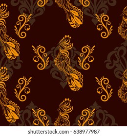 Beautiful colorful rooster. Endless pattern. Background Fantastic Beasts.