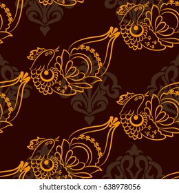 Beautiful colorful rooster. Endless pattern. Background Fantastic Beasts.