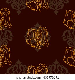 Beautiful colorful rooster. Endless pattern. Background Fantastic Beasts.