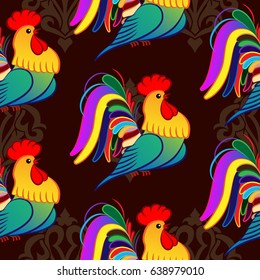 Beautiful colorful rooster. Endless pattern. Background Fantastic Beasts.