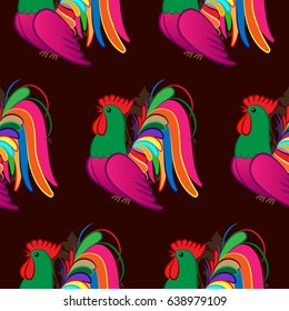 Beautiful colorful rooster. Endless pattern. Background Fantastic Beasts.