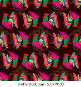 Beautiful colorful rooster. Endless pattern. Background Fantastic Beasts.