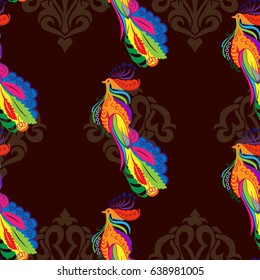 Beautiful colorful rooster. Endless pattern. Background Fantastic Beasts.