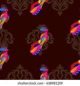 Beautiful colorful rooster. Endless pattern. Background Fantastic Beasts.