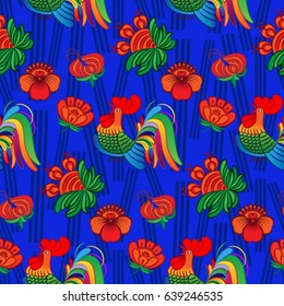 Beautiful colorful rooster. Endless pattern. Background Fantastic Beasts.