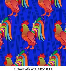 Beautiful colorful rooster. Endless pattern. Background Fantastic Beasts.