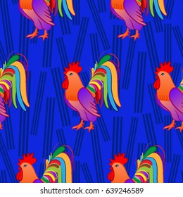 Beautiful colorful rooster. Endless pattern. Background Fantastic Beasts.