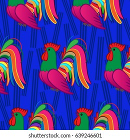 Beautiful colorful rooster. Endless pattern. Background Fantastic Beasts.