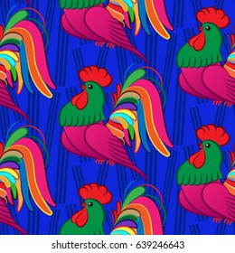 Beautiful colorful rooster. Endless pattern. Background Fantastic Beasts.