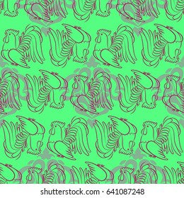 Beautiful colorful rooster. Endless pattern. Background Fantastic Beasts.