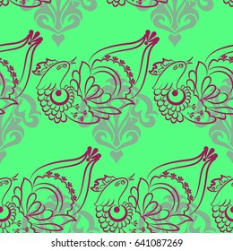 Beautiful colorful rooster. Endless pattern. Background Fantastic Beasts.