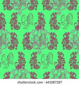Beautiful colorful rooster. Endless pattern. Background Fantastic Beasts.