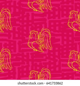 Beautiful colorful rooster. Endless pattern. Background Fantastic Beasts.