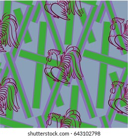 Beautiful colorful rooster. Endless pattern. Background Fantastic Beasts.