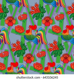 Beautiful colorful rooster. Endless pattern. Background Fantastic Beasts.