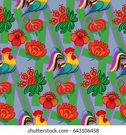 Beautiful colorful rooster. Endless pattern. Background Fantastic Beasts.
