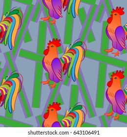 Beautiful colorful rooster. Endless pattern. Background Fantastic Beasts.