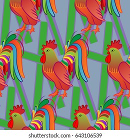 Beautiful colorful rooster. Endless pattern. Background Fantastic Beasts.