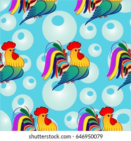 Beautiful colorful rooster. Endless pattern. Background Fantastic Beasts.