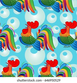 Beautiful colorful rooster. Endless pattern. Background Fantastic Beasts.