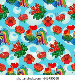 Beautiful colorful rooster. Endless pattern. Background Fantastic Beasts.
