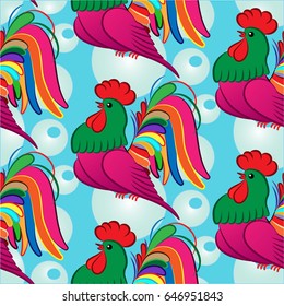 Beautiful colorful rooster. Endless pattern. Background Fantastic Beasts.