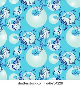 Beautiful colorful rooster. Endless pattern. Background Fantastic Beasts.