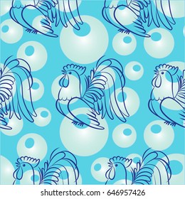 Beautiful colorful rooster. Endless pattern. Background Fantastic Beasts.