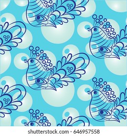 Beautiful colorful rooster. Endless pattern. Background Fantastic Beasts.
