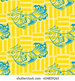 Beautiful colorful rooster. Endless pattern. Background Fantastic Beasts.