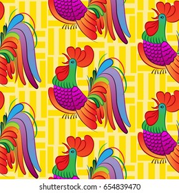 Beautiful colorful rooster. Endless pattern. Background Fantastic Beasts.