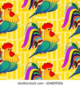 Beautiful colorful rooster. Endless pattern. Background Fantastic Beasts.