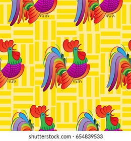 Beautiful colorful rooster. Endless pattern. Background Fantastic Beasts.