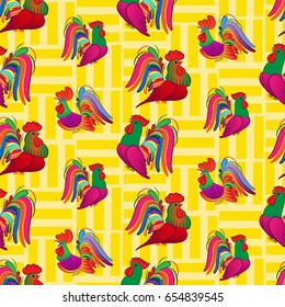 Beautiful colorful rooster. Endless pattern. Background Fantastic Beasts.