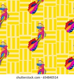 Beautiful colorful rooster. Endless pattern. Background Fantastic Beasts.