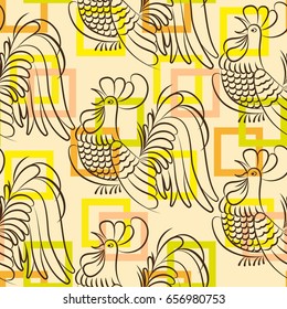 Beautiful colorful rooster. Endless pattern. Background Fantastic Beasts.