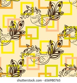 Beautiful colorful rooster. Endless pattern. Background Fantastic Beasts.