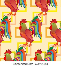 Beautiful colorful rooster. Endless pattern. Background Fantastic Beasts.