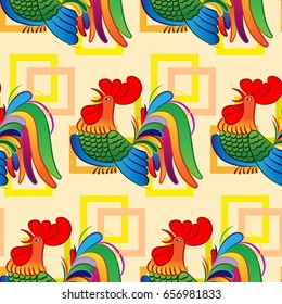 Beautiful colorful rooster. Endless pattern. Background Fantastic Beasts.