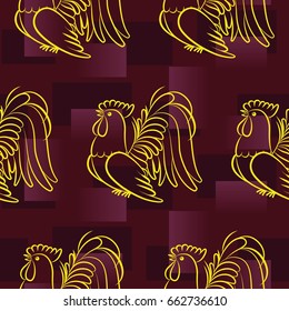 Beautiful colorful rooster. Endless pattern. Background Fantastic Beasts.