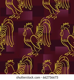 Beautiful colorful rooster. Endless pattern. Background Fantastic Beasts.