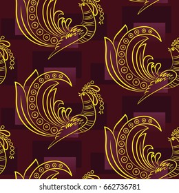 Beautiful colorful rooster. Endless pattern. Background Fantastic Beasts.