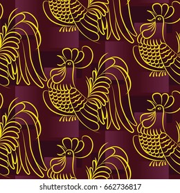 Beautiful colorful rooster. Endless pattern. Background Fantastic Beasts.